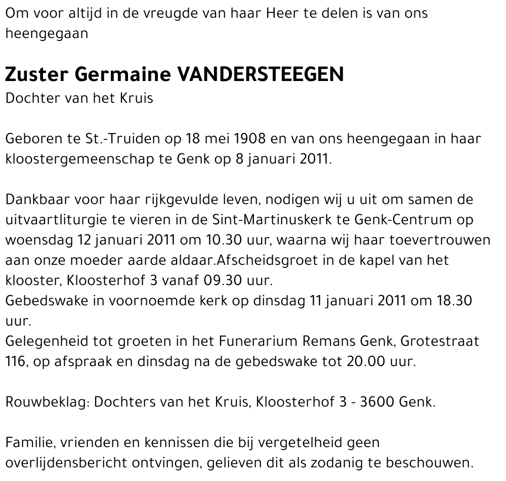 Zuster Germaine VANDERSTEEGEN