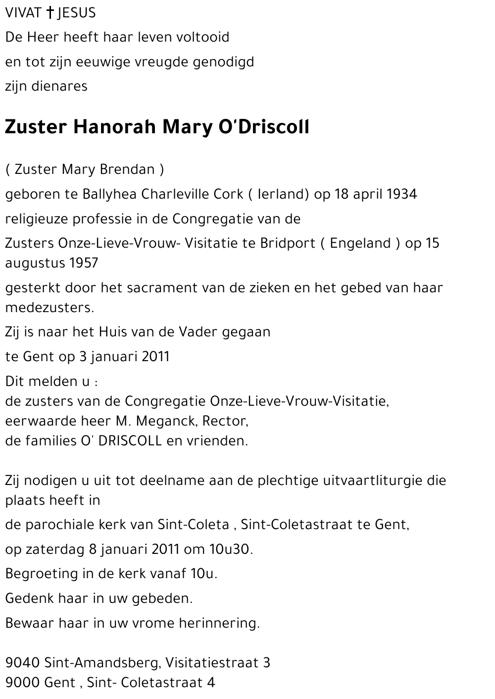 Zuster Hanorah Mary O'Driscoll