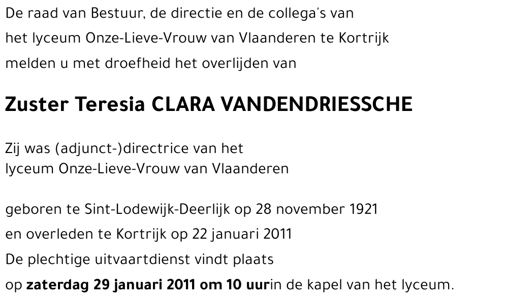 Zuster Teresia CLARA VANDENDRIESSCHE
