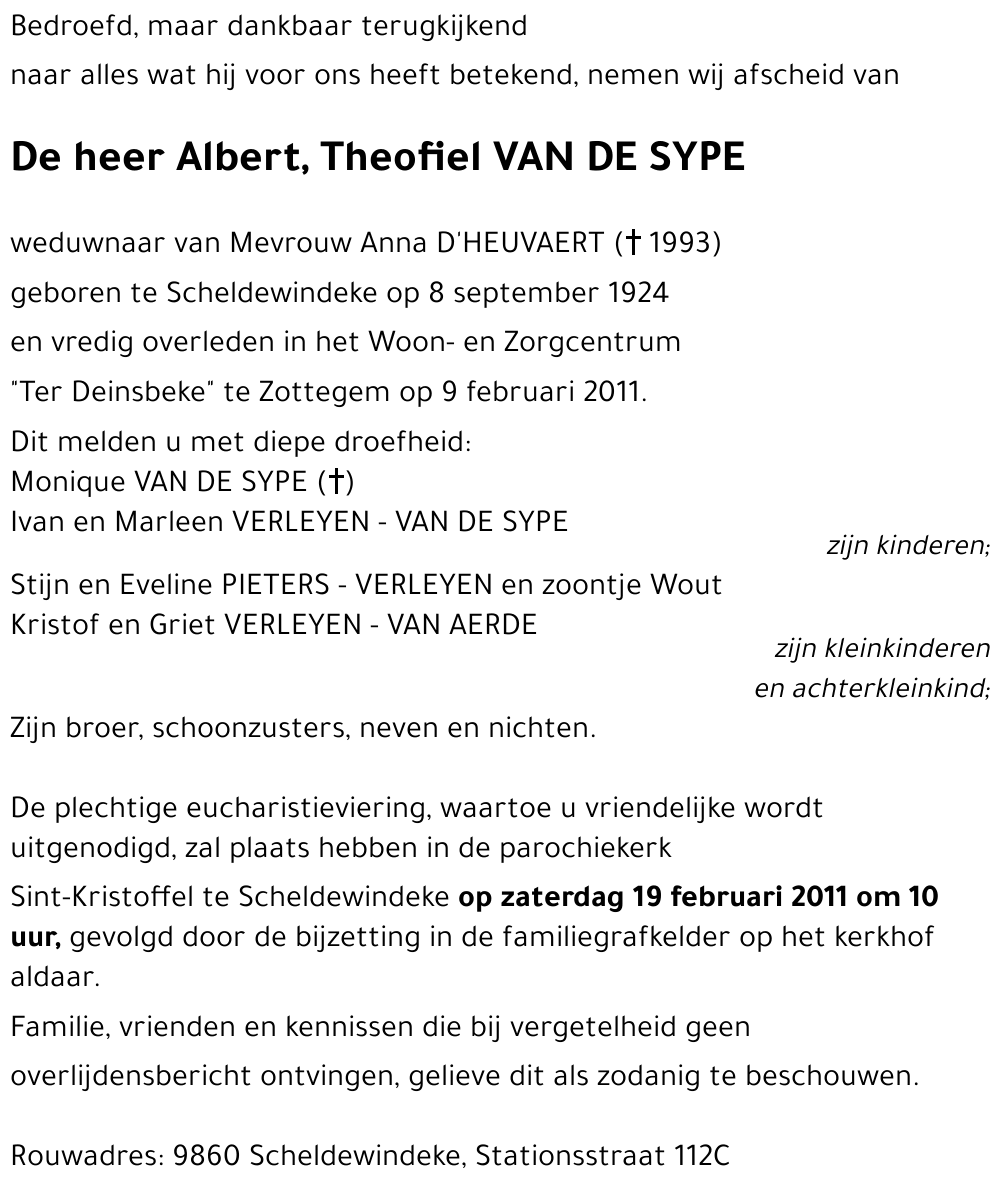 Albert, Theofiel VAN DE SYPE