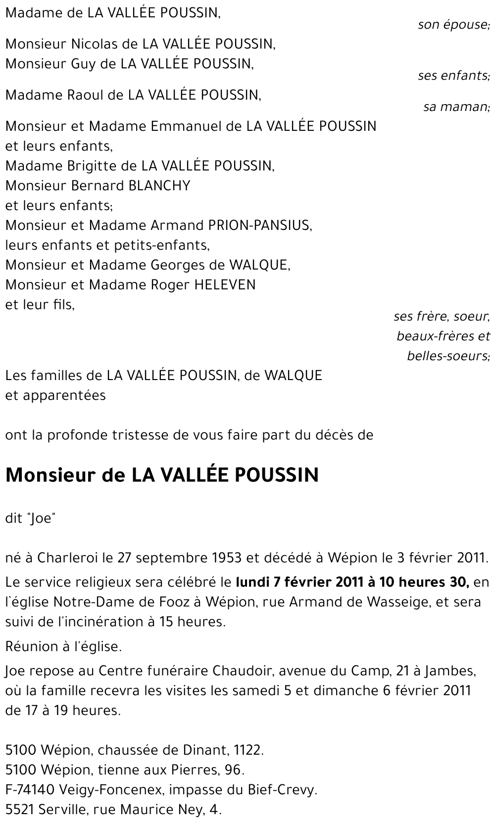 Joseph de LA VALLÉE POUSSIN