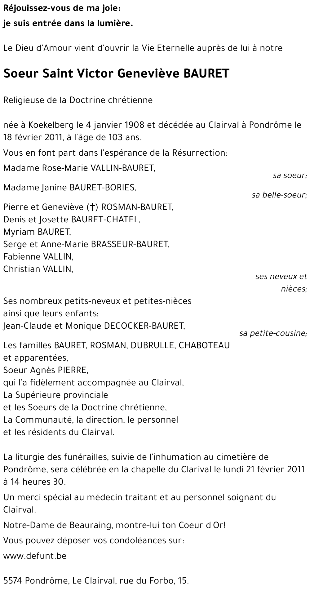 Saint Victor Geneviève BAURET