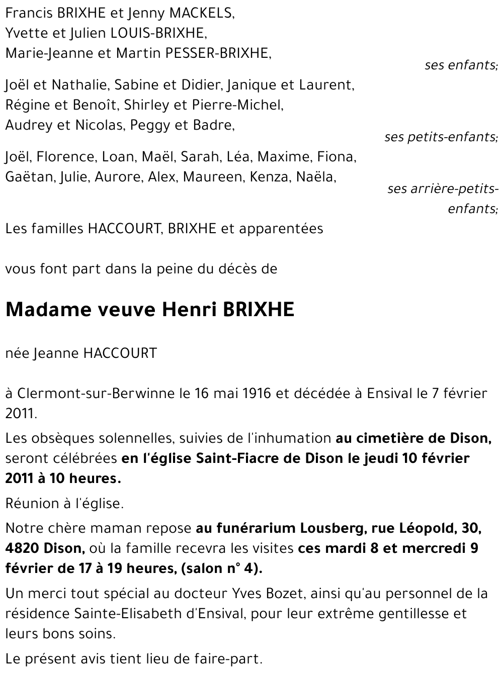veuve Henri BRIXHE