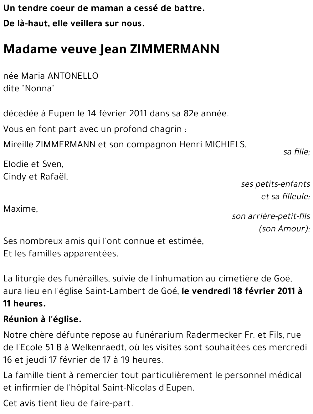 veuve Jean ZIMMERMANN