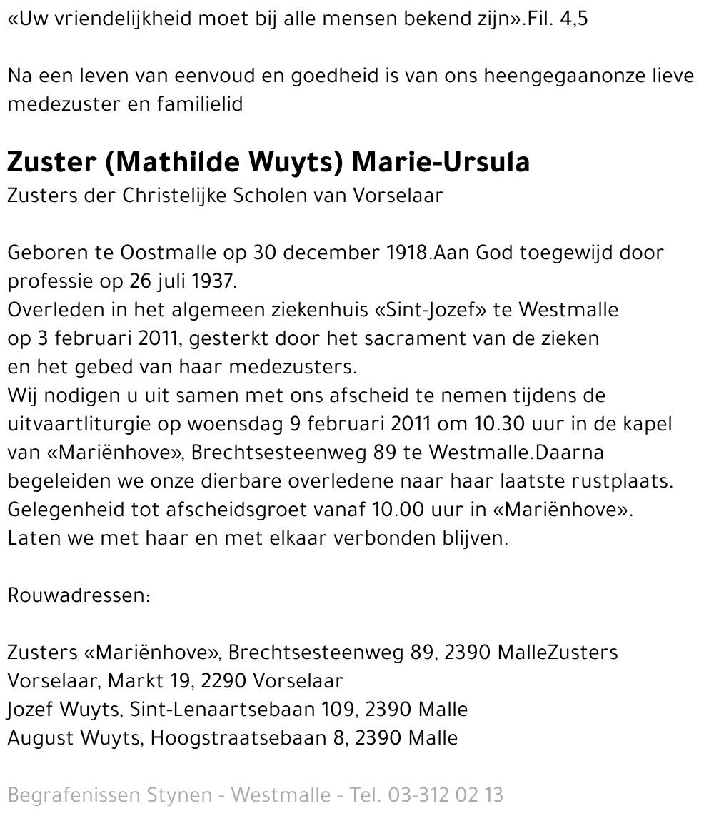 Zuster Marie-Ursula Mathilde Wuyts