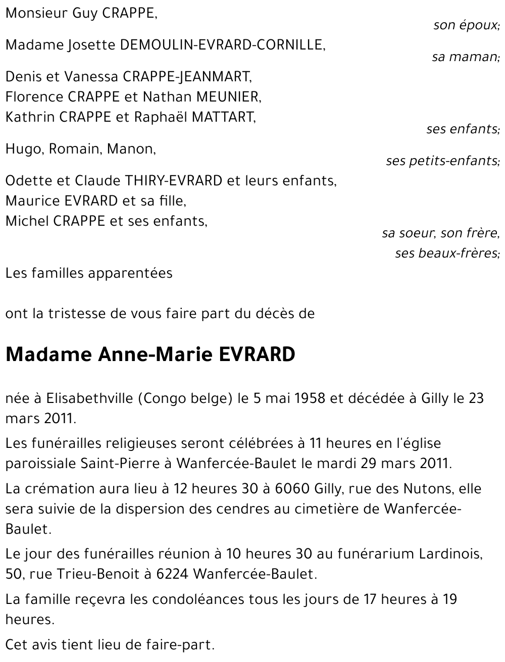 Anne-Marie CRAPPE, née EVRARD