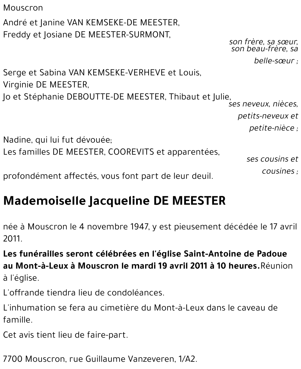 Jacqueline DE MEESTER