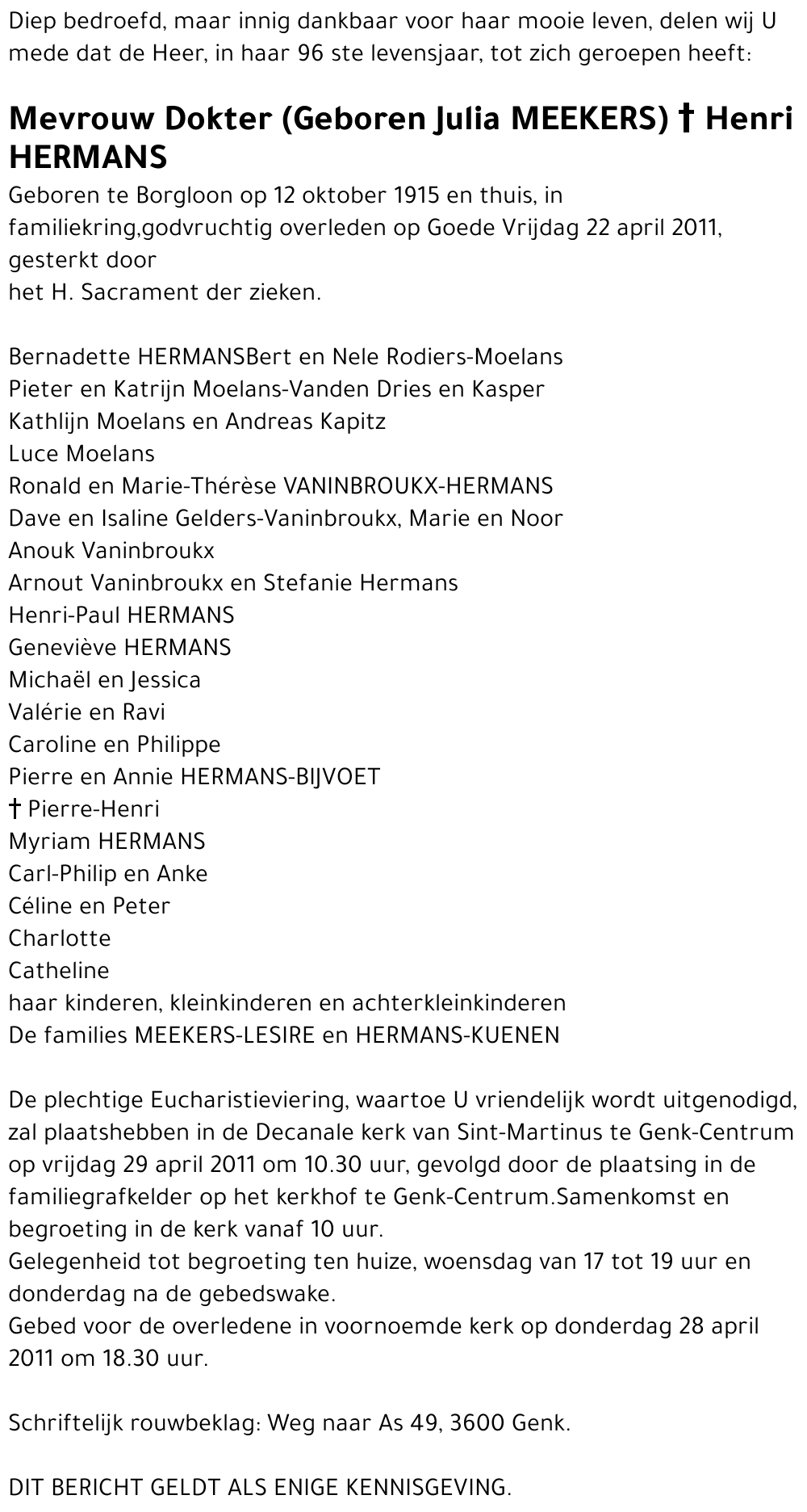 Mevrouw Dokter Henri HERMANS