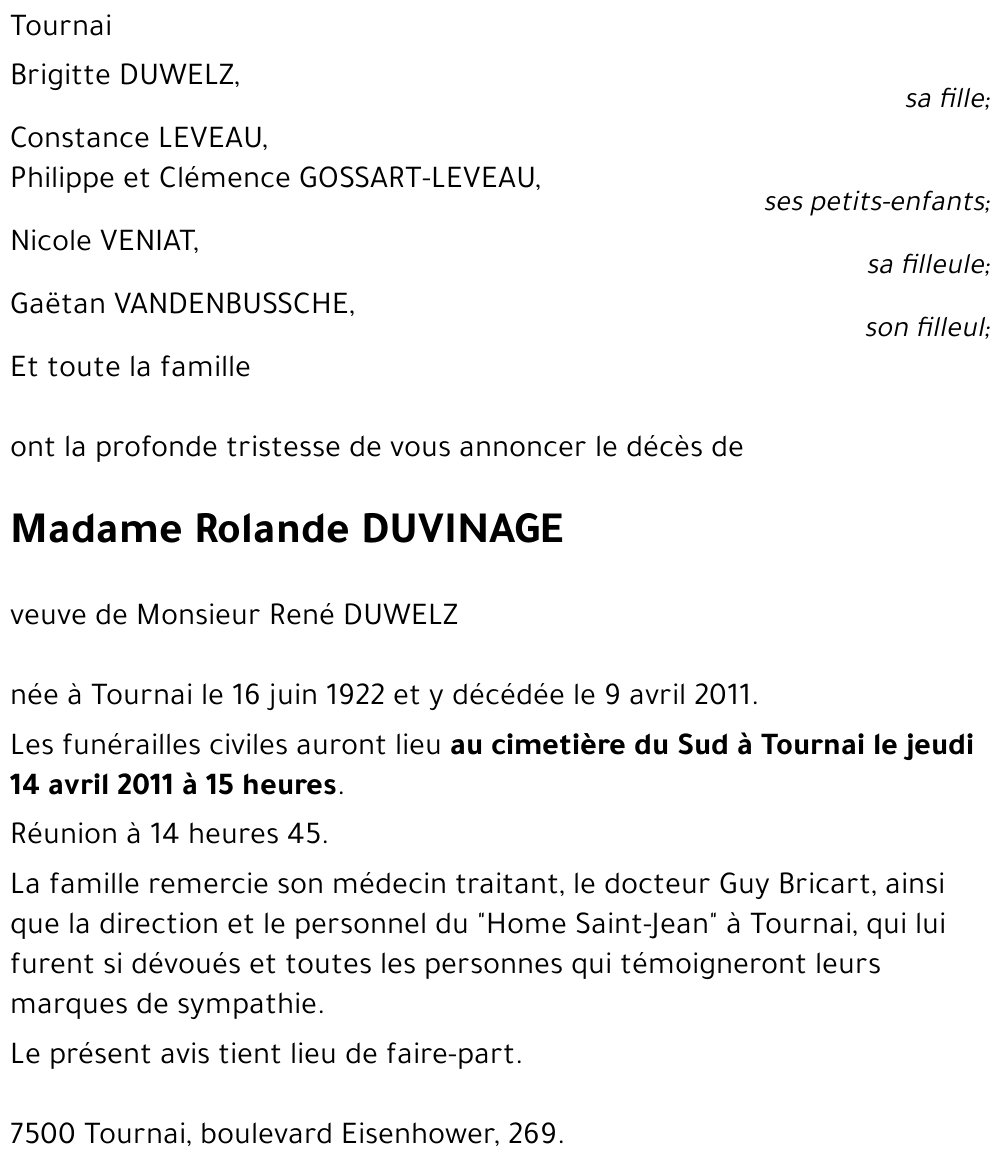 Rolande DUVINAGE