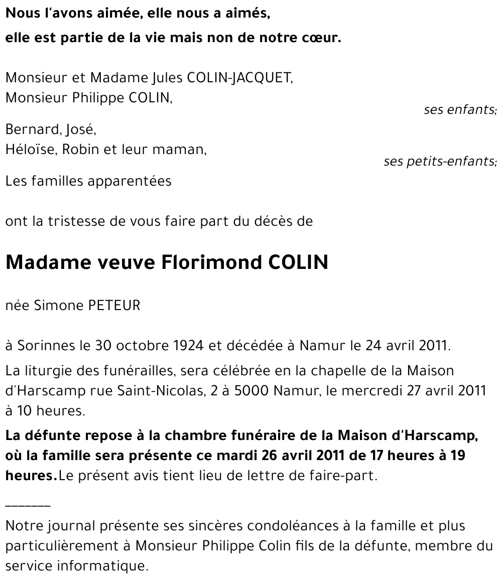 Veuve Florimond COLIN