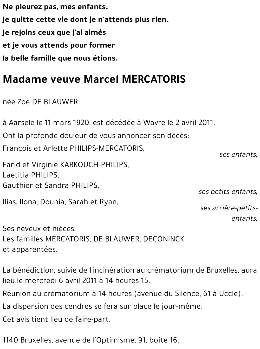 veuve Marcel MERCATORIS