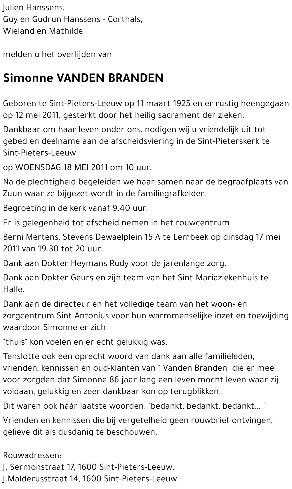 Simonne VANDEN BRANDEN