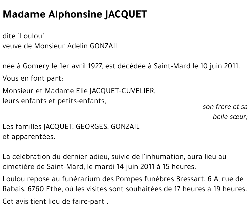 Alphonsine JACQUET « dite Loulou »