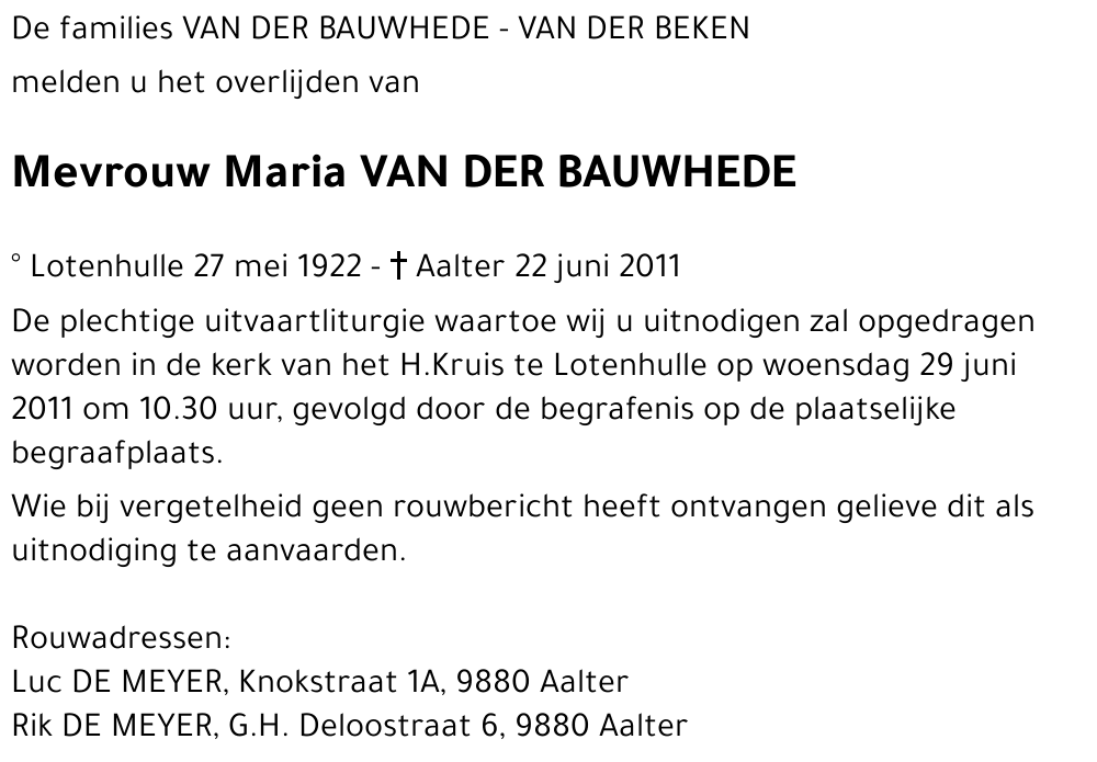 Maria VAN DER BAUWHEDE