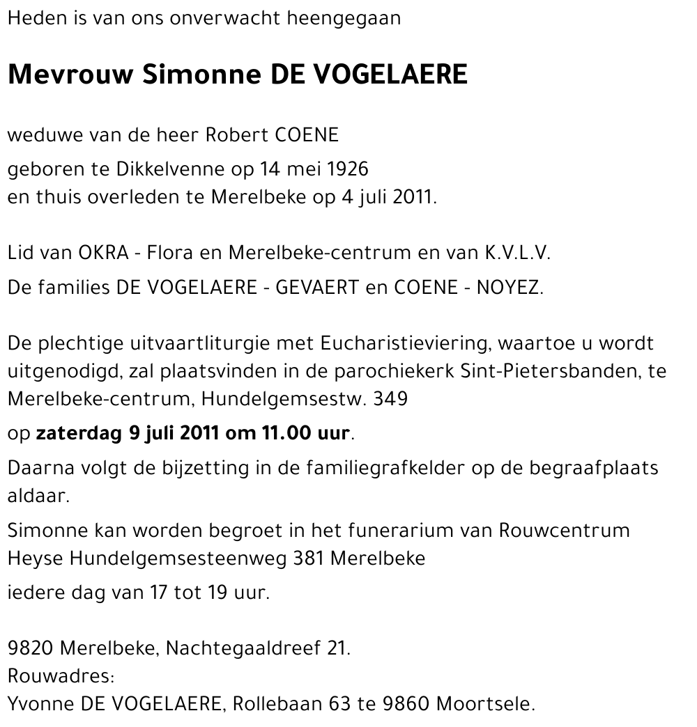 Simonne DE VOGELAERE