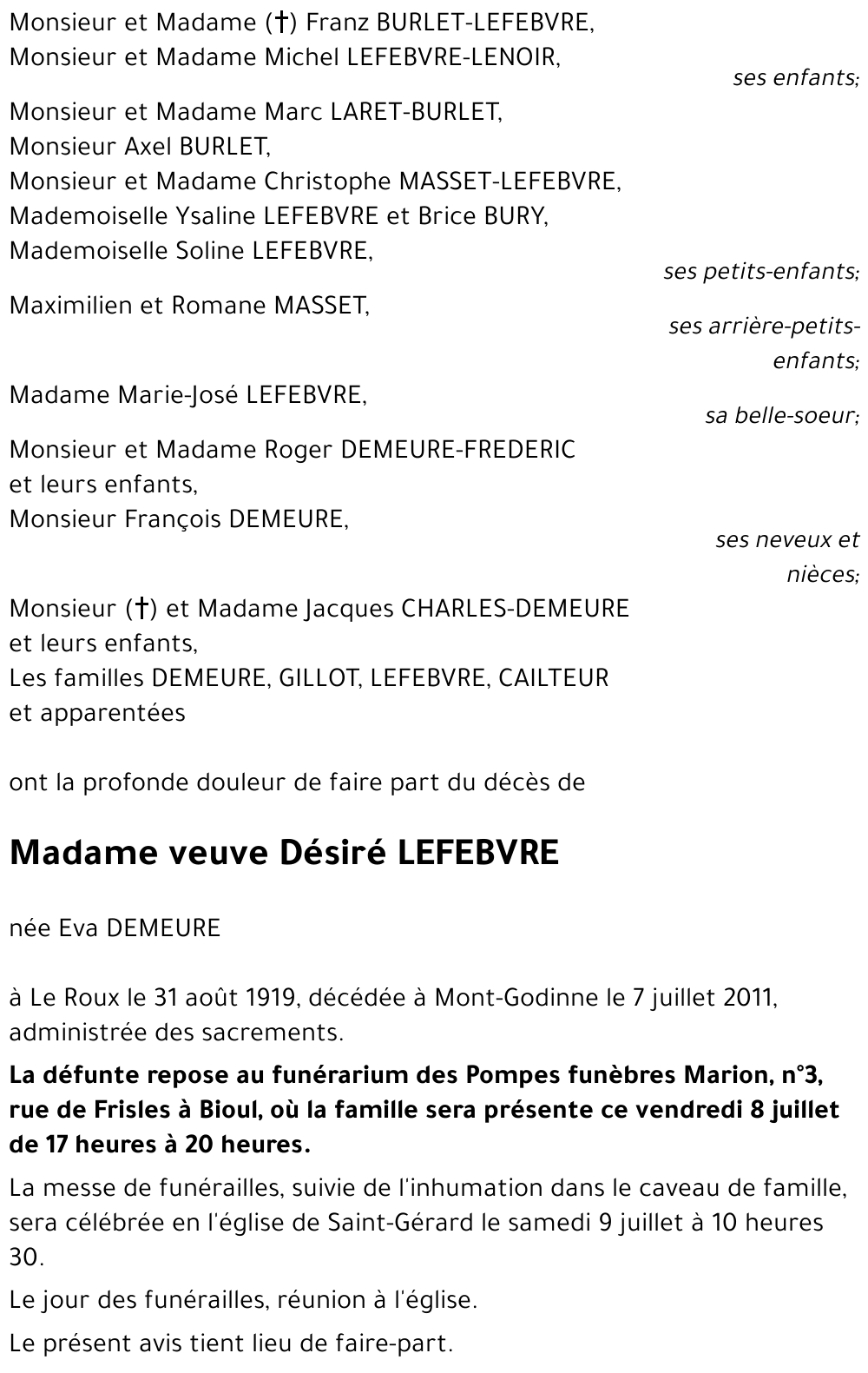 veuve Désiré LEFEBVRE