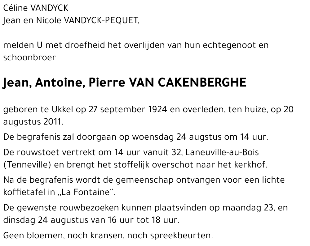 Jean, Antoine, Pierre VAN CAKENBERGHE