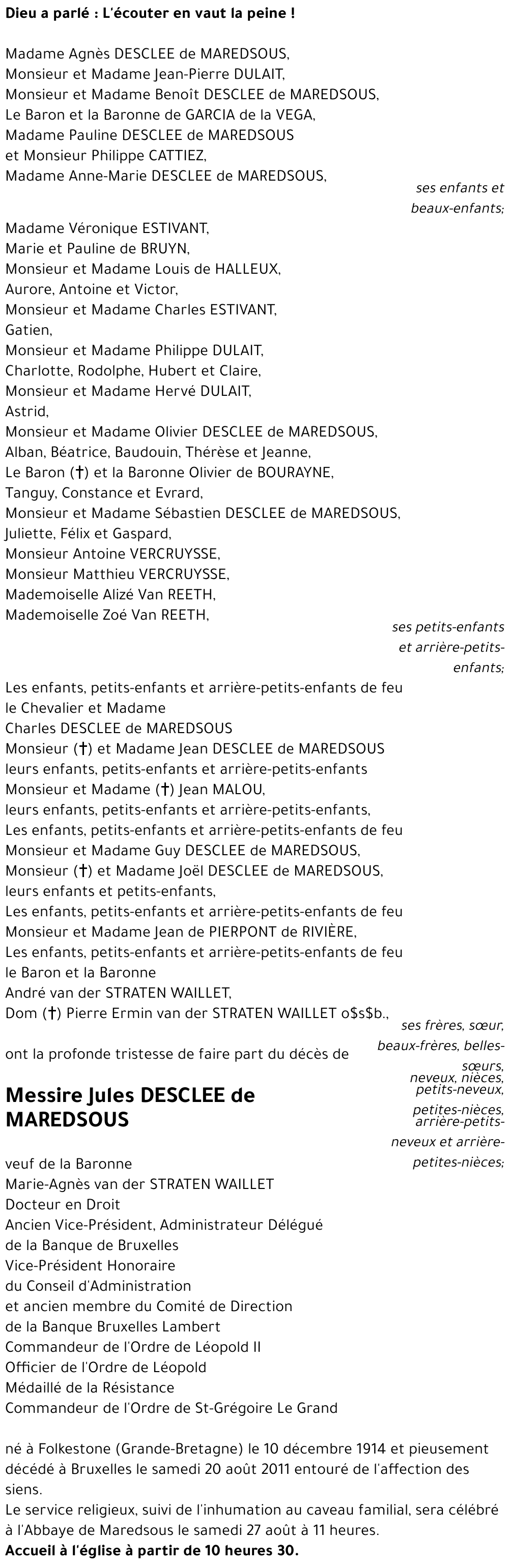 Jules DESCLEE de MAREDSOUS