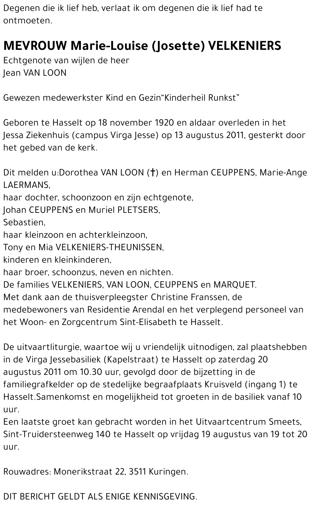 Marie Louise (Josette) Velkeniers