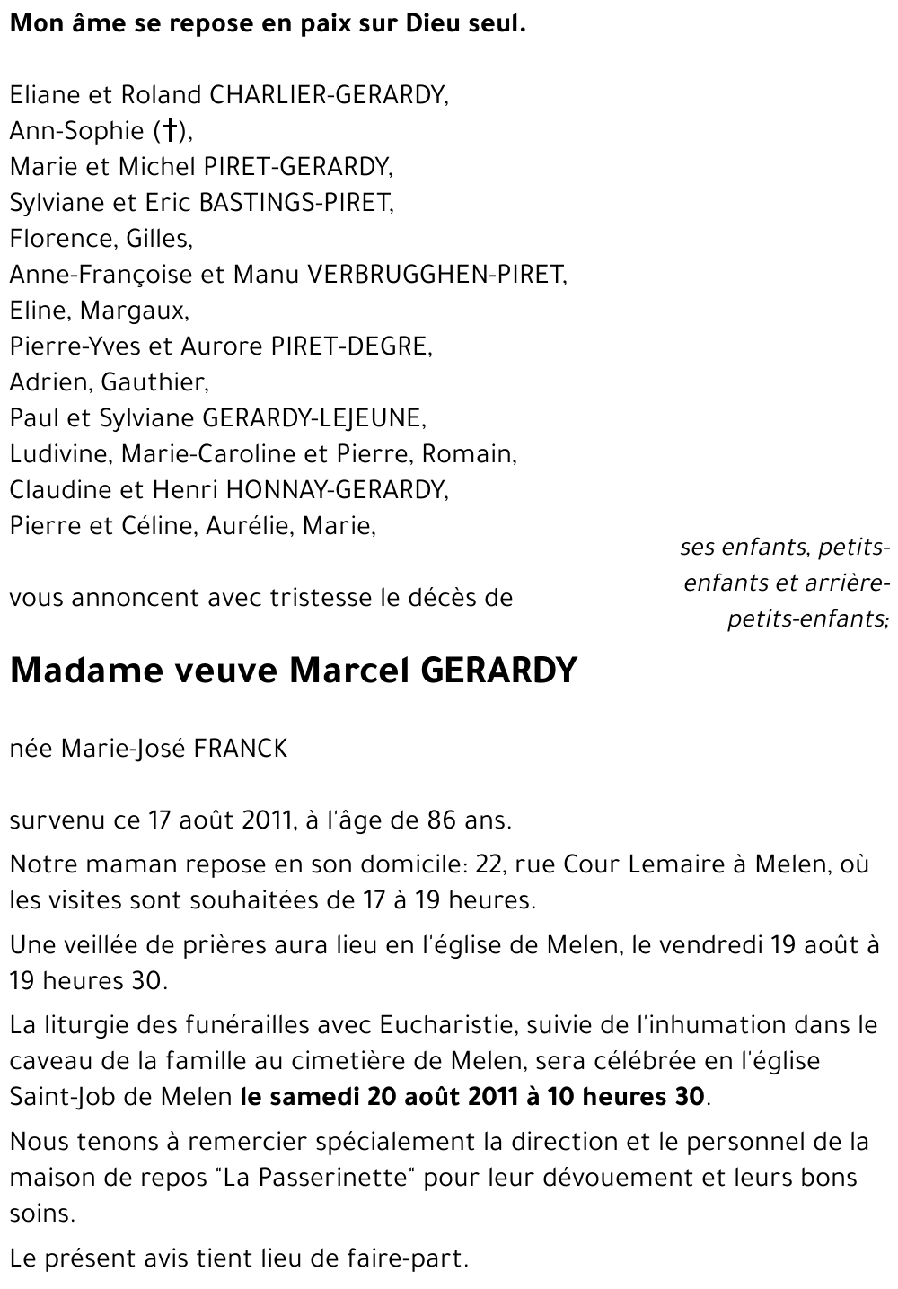 veuve Marcel GERARDY