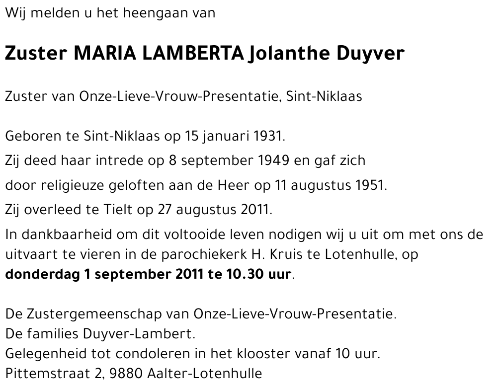 Zuster MARIA LAMBERTA Jolanthe Duyver