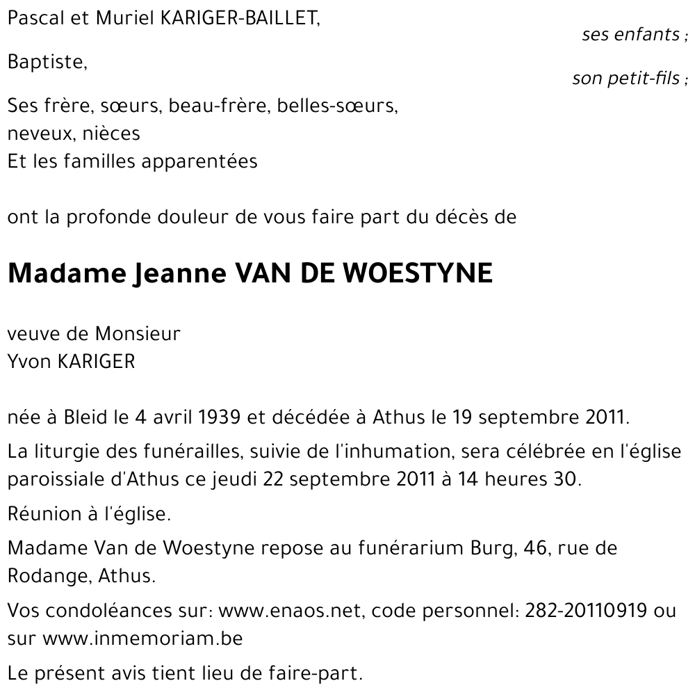 Jeanne VAN DE WOESTYNE