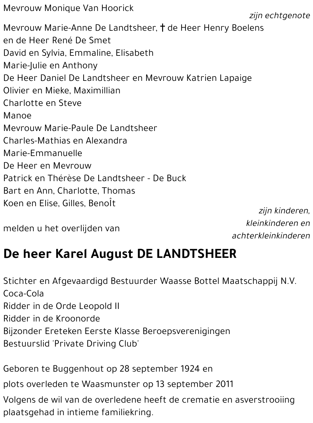 Karel August DE LANDTSHEER