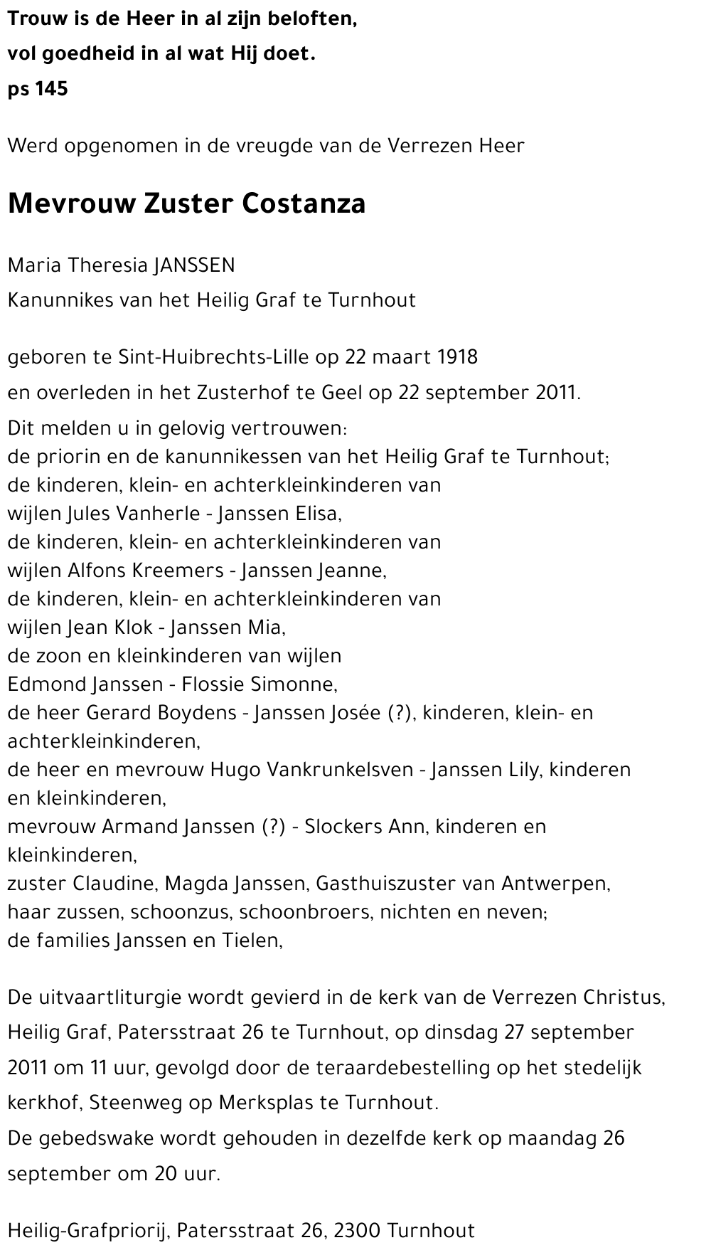 Zuster Costanza (Maria Theresia JANSSEN)