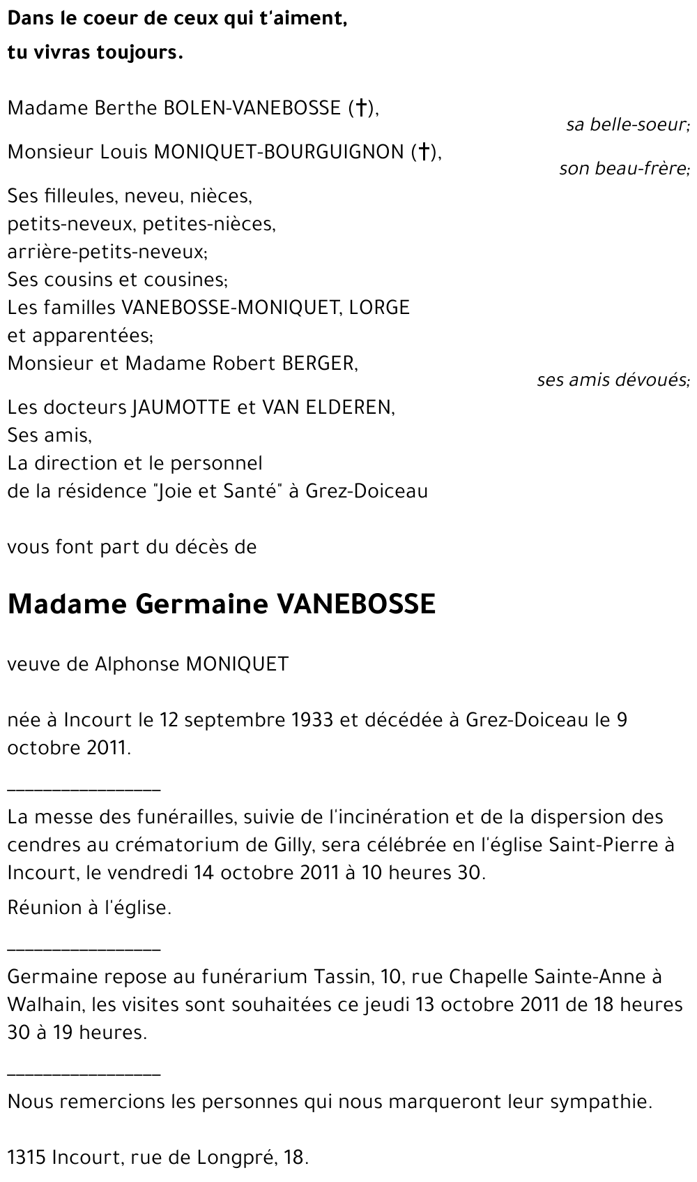 Germaine VANEBOSSE