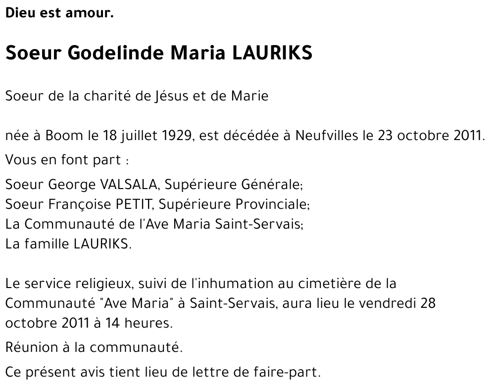 Soeur GODELINDE Maria LAURIKS
