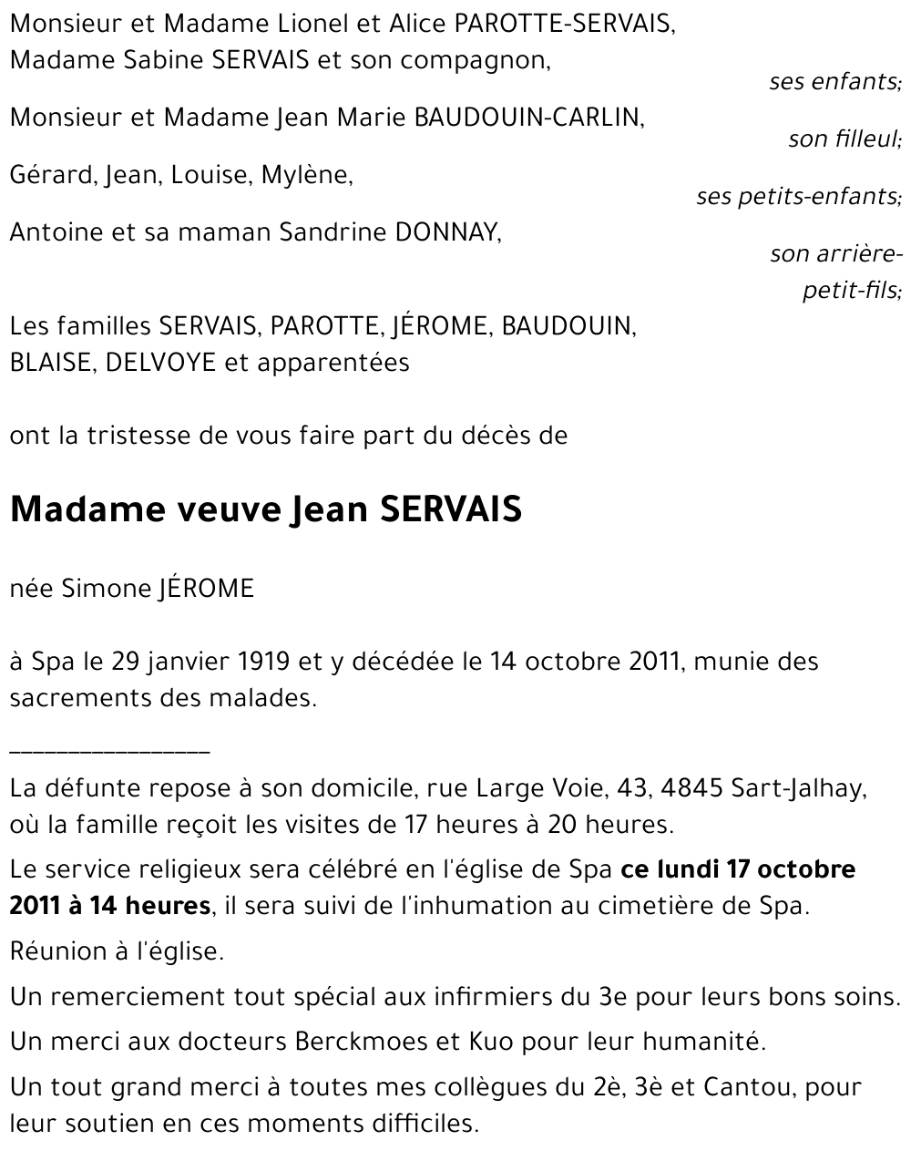 veuve Jean SERVAIS