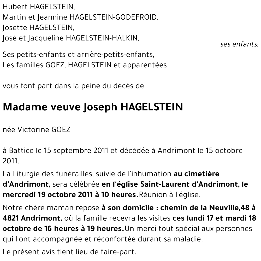 veuve Joseph HAGELSTEIN