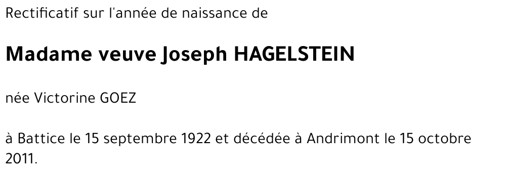 veuve Joseph HAGELSTEIN