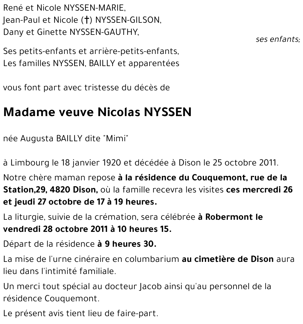 veuve Nicolas NYSSEN