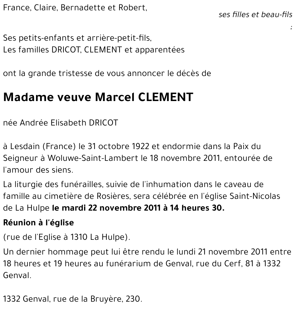 veuve Marcel CLEMENT