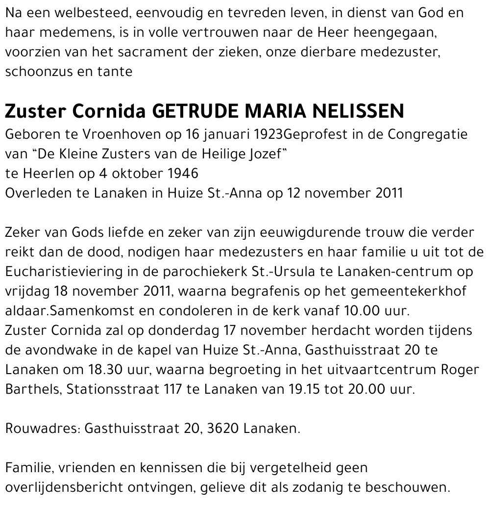 Zuster Cornida Getrude Maria Nelissen