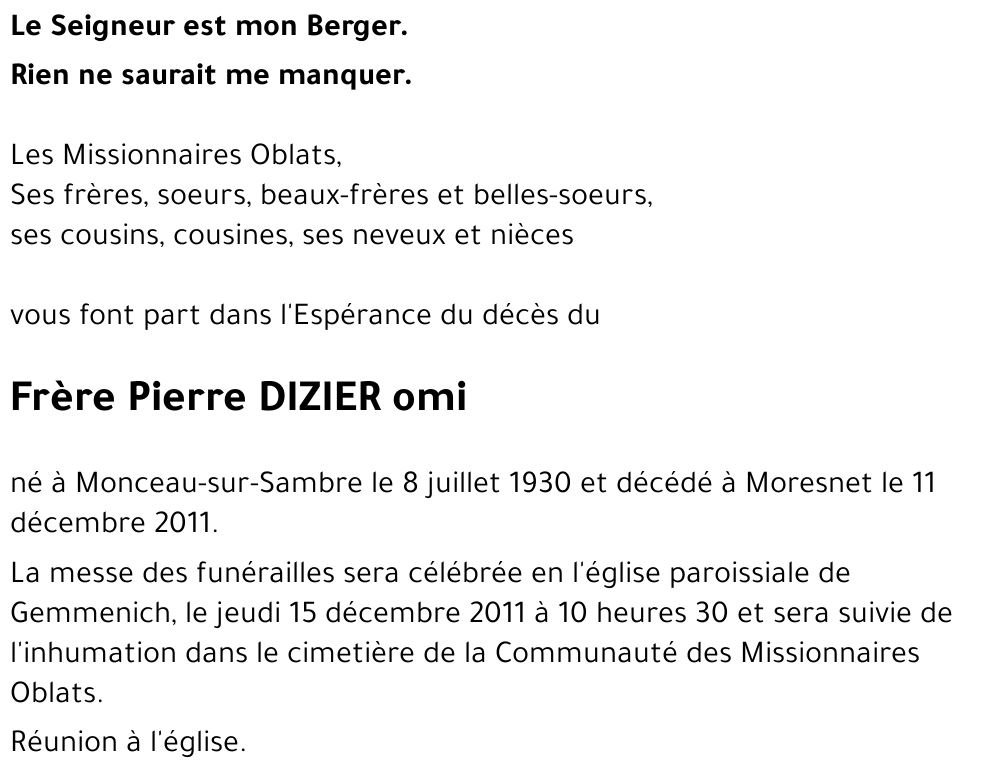 Frère Pierre DIZIER omi