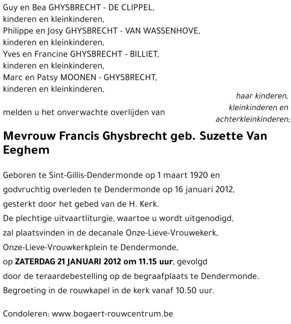 Francis Ghysbrecht geb. Suzette Van Eeghem