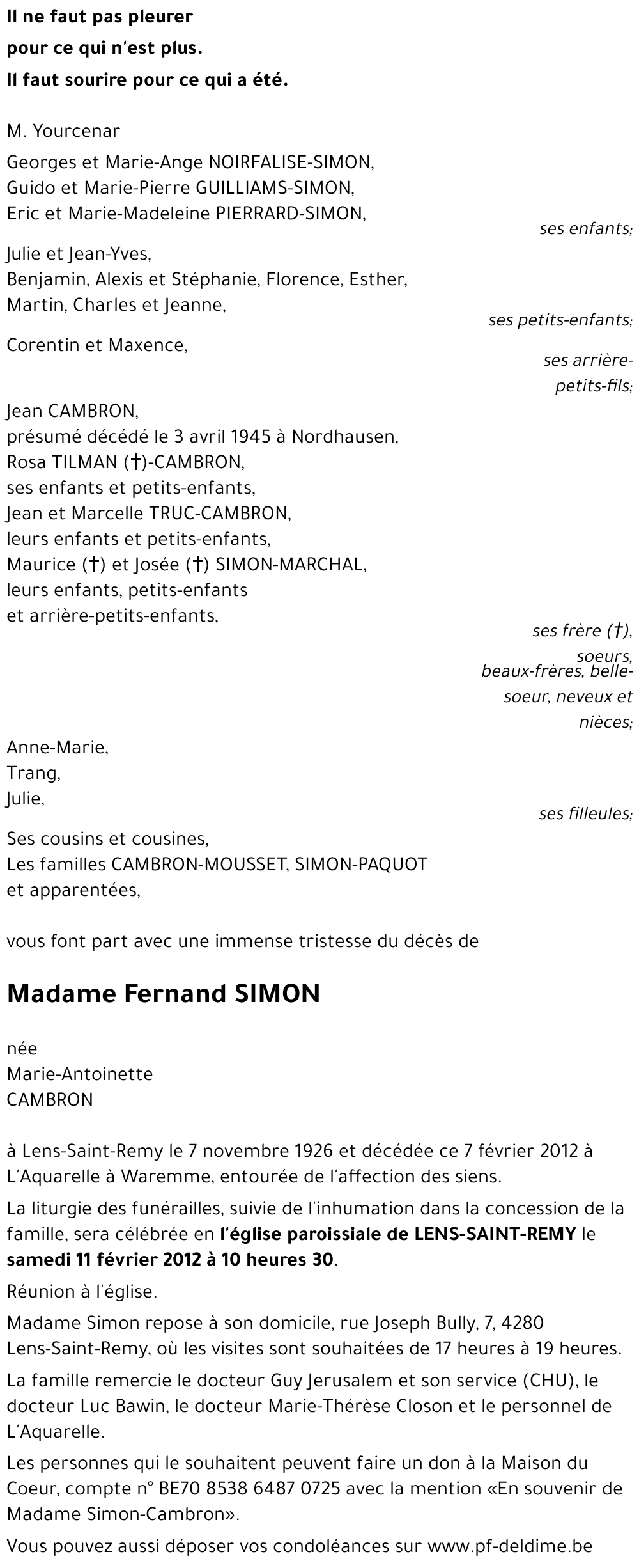Fernand SIMON née Marie-Antoinette CAMBRON