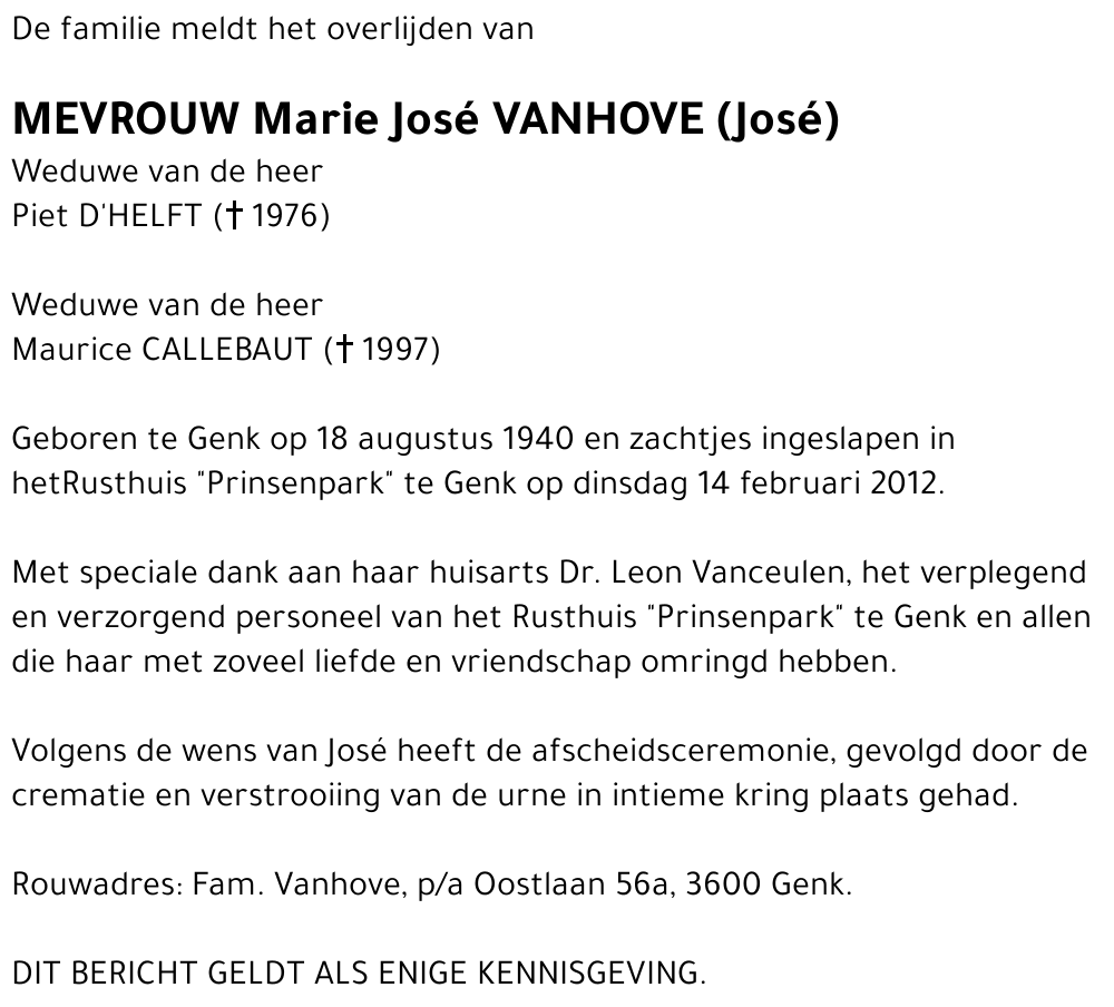 Marie José VANHOVE