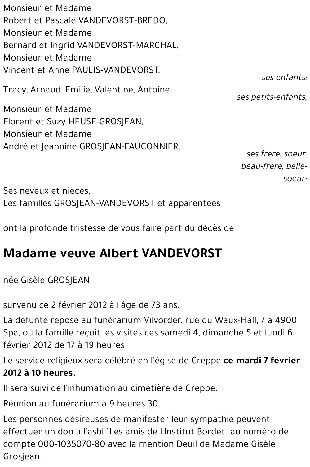 veuve Albert VANDEVORST