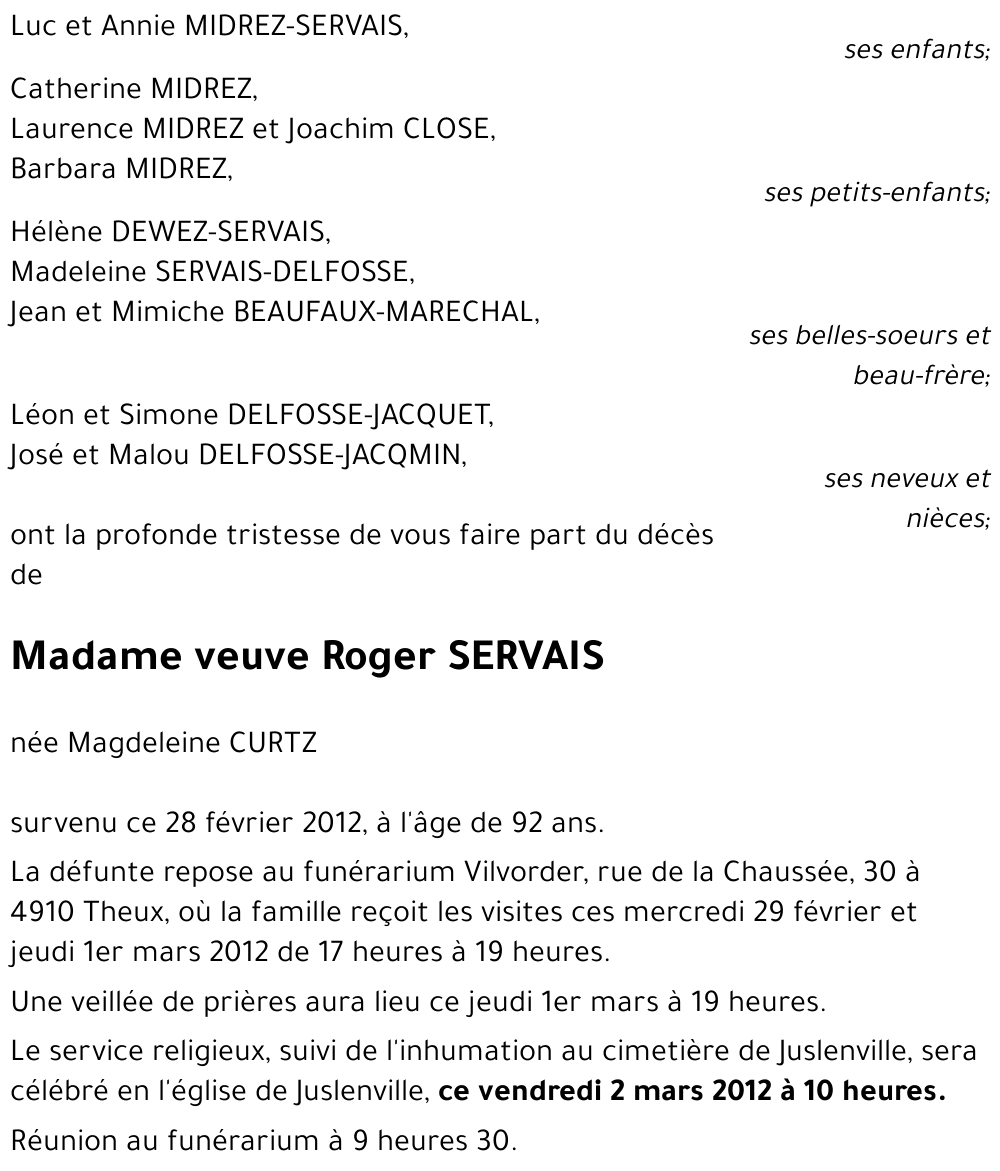veuve Roger SERVAIS