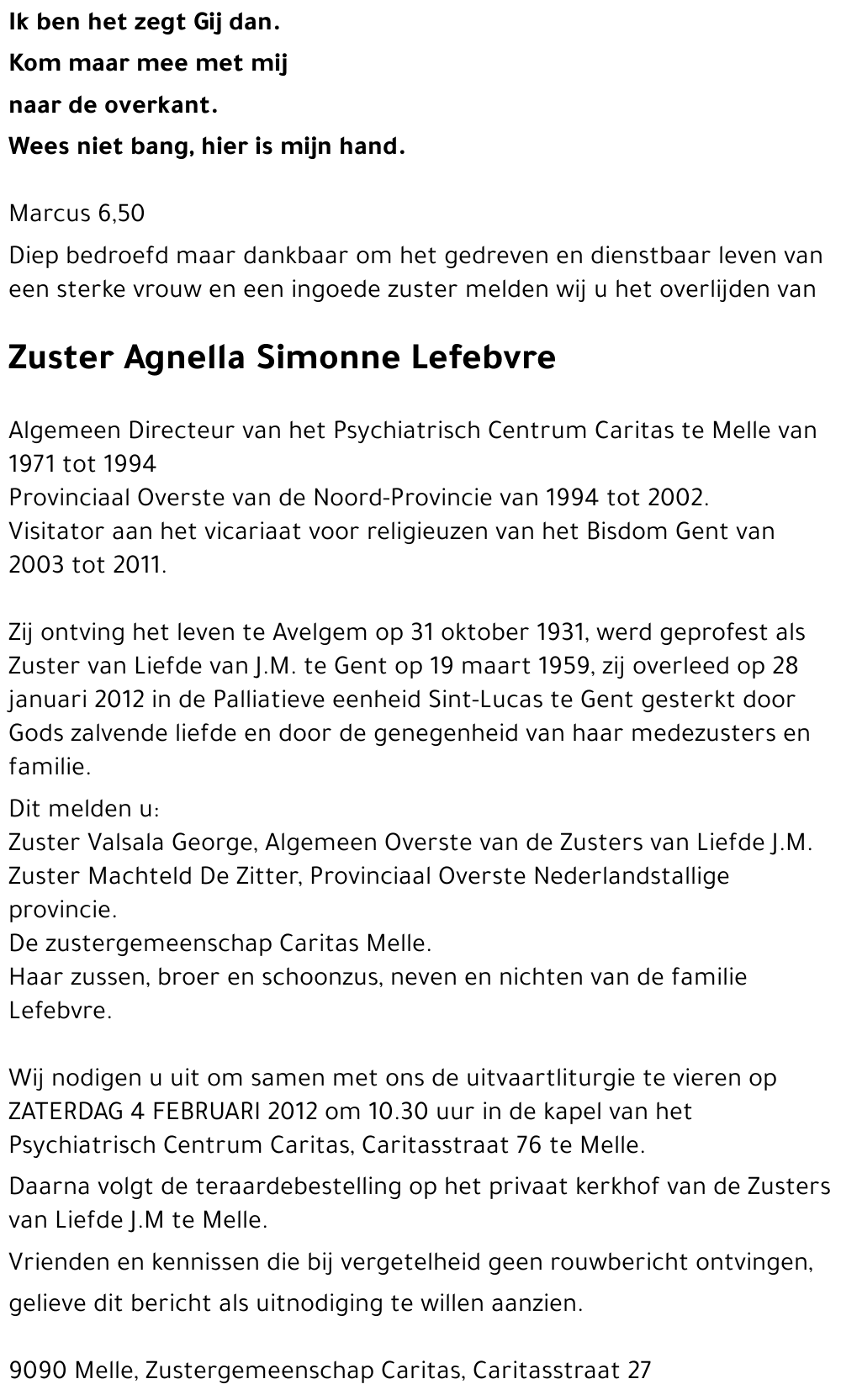 Zuster Agnella Simonne Lefebvre