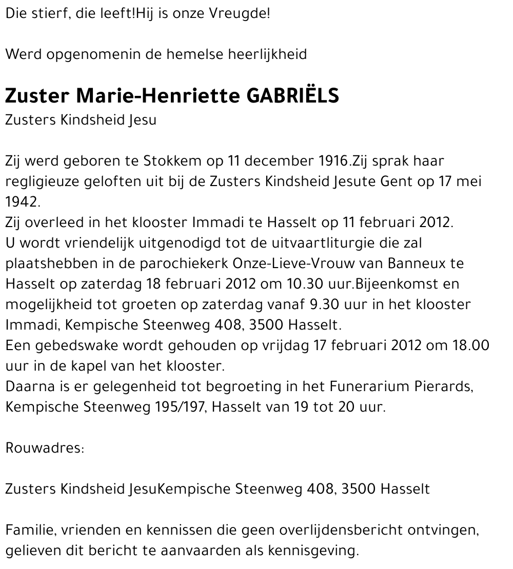 Zuster Marie-Henriette Gabriëls