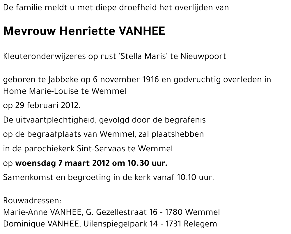Henriette VANHEE