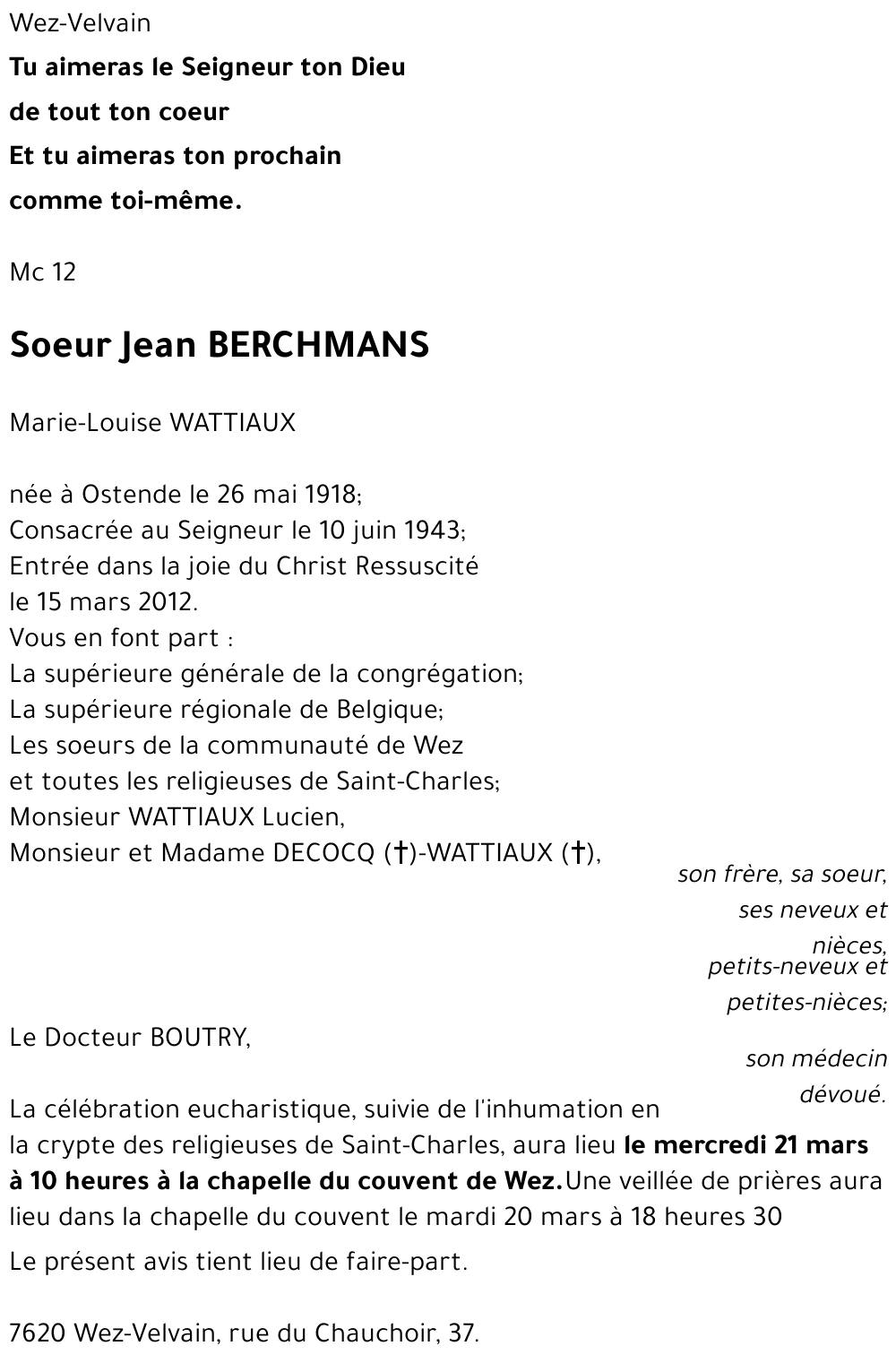 JEAN BERCHMANS Marie-Louise WATTIAUX