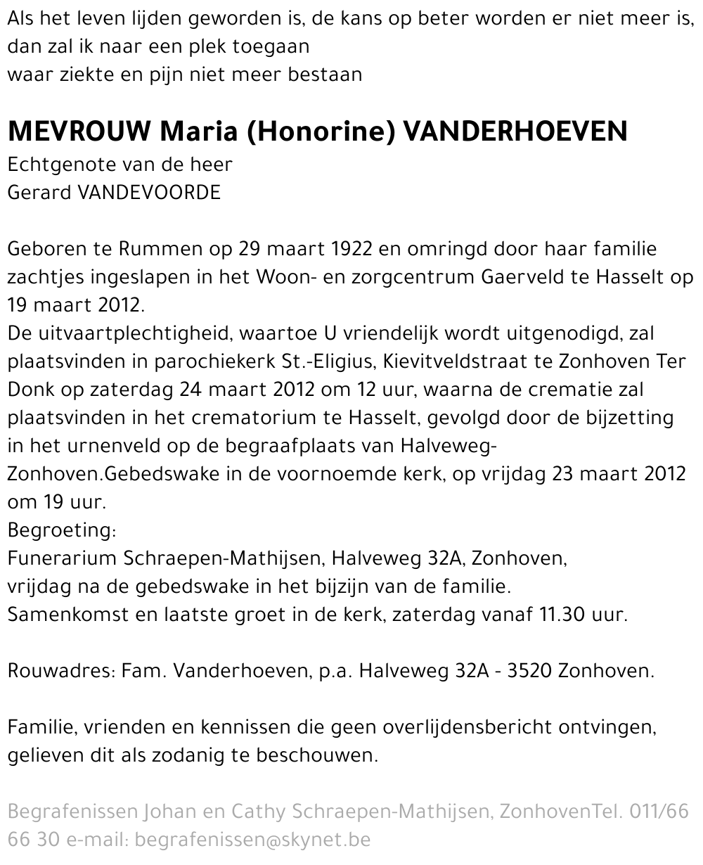 Maria (Honorine) VANDERHOEVEN
