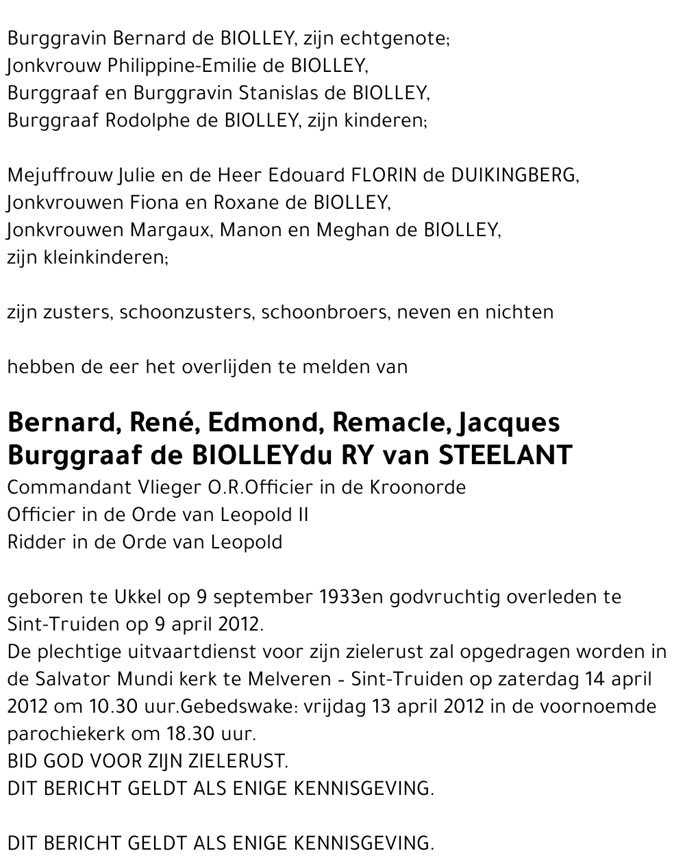 Burggraaf de Biolley du Ry van Steelant