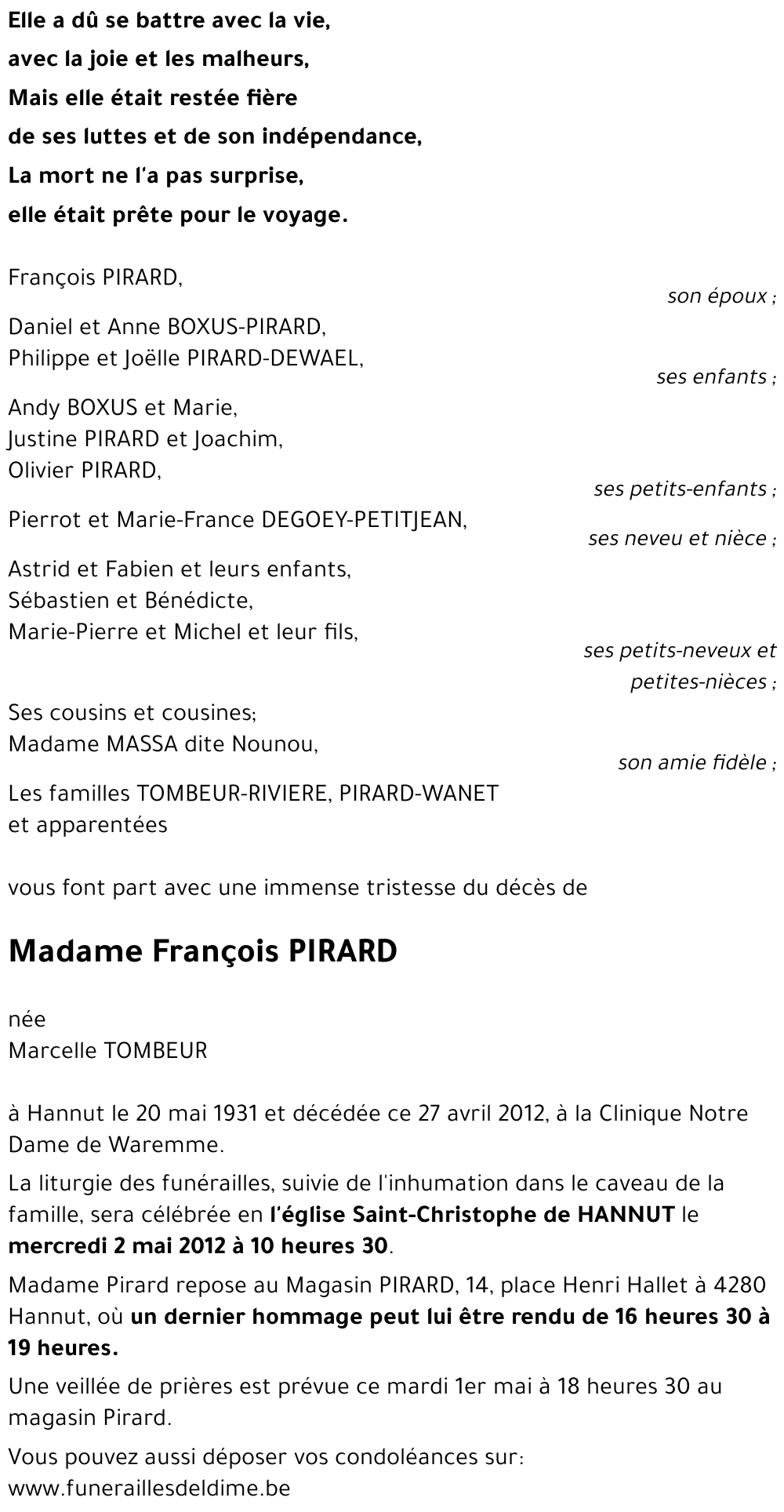 François PIRARD née Marcelle TOMBEUR