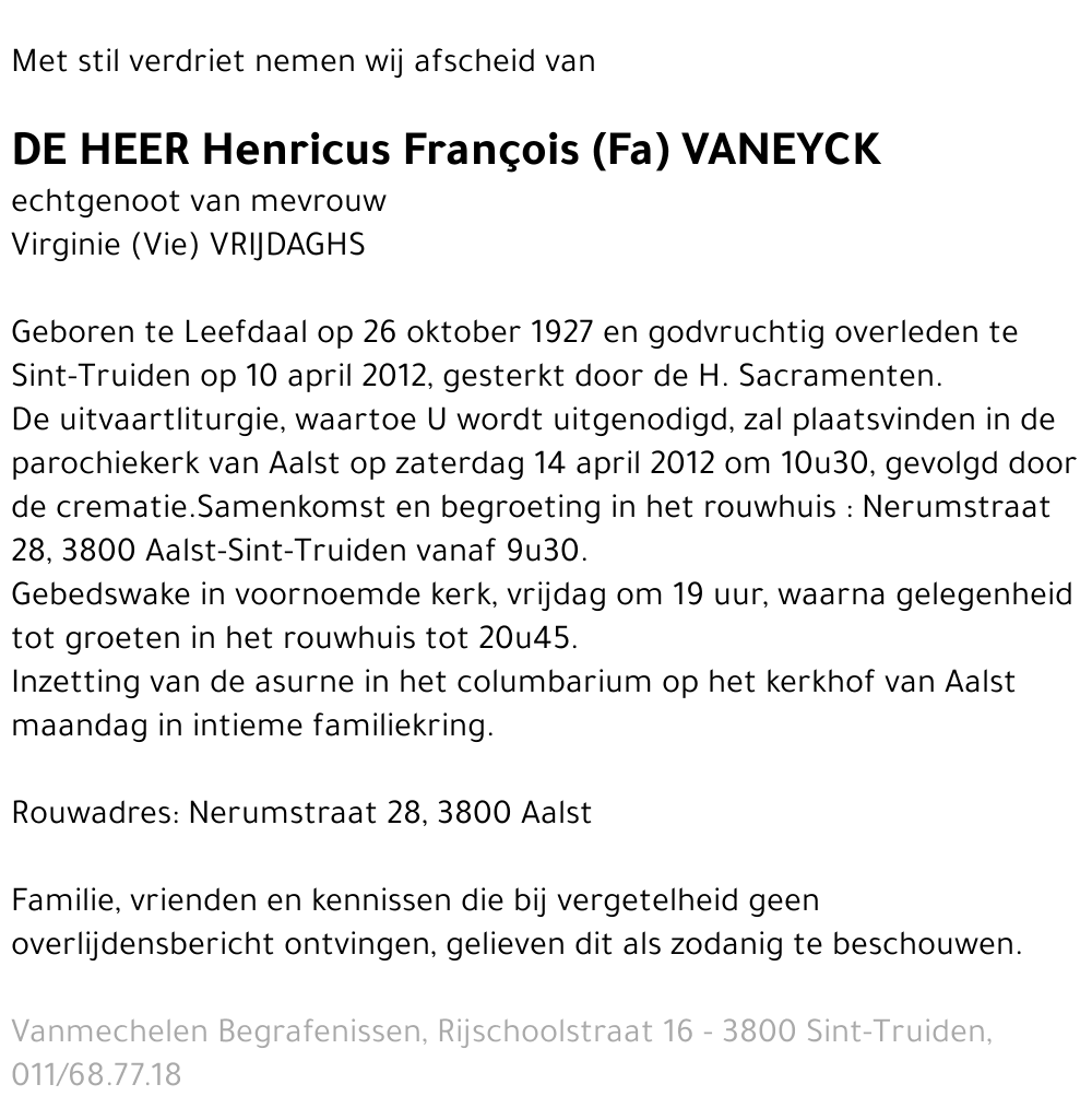 Henricus François fa VANEYCK